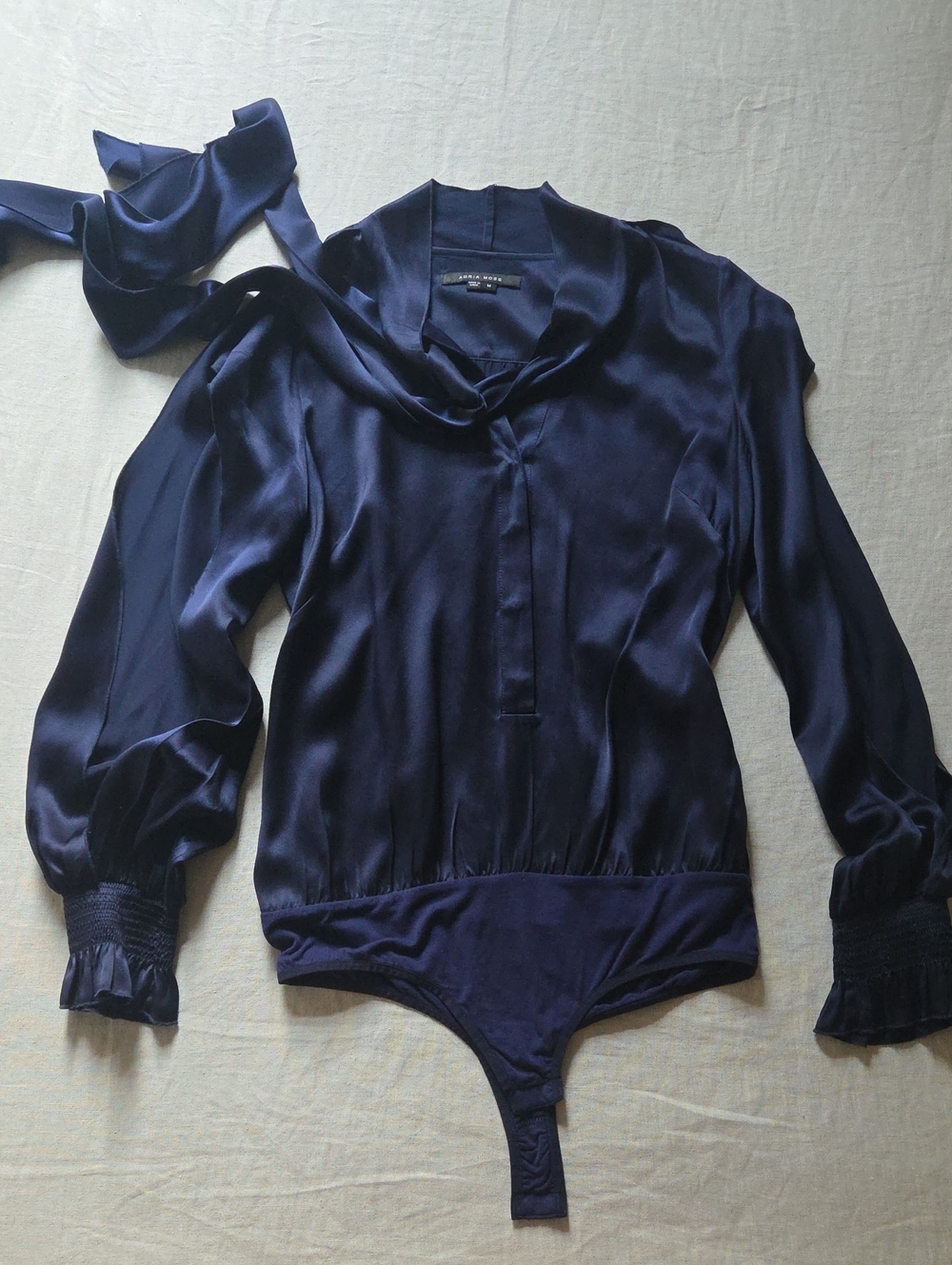 Navy Silk Slitted-Sleeve Pussybow Bodysuit